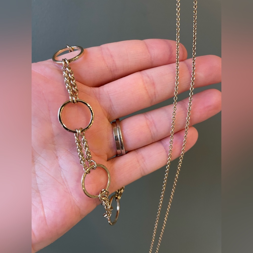 Boden golden bracelet and Ann Taylor long golden necklace.